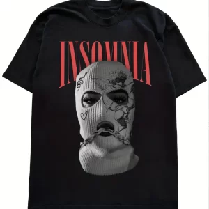 Fashion Masked Man & "INSOMNIA" Pattern Print Men's Comfy Chic T-shirt