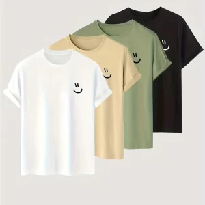 4pc/set Cartoon Smiling Face Pattern Print Men's Comfy Slightly Stretch T-shirt