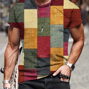 Retro Color Block Men's Graphic Design Crew Neck Novel T-shirt