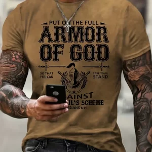 Retro Armor Of God Print, Men's Graphic Design Crew Neck Novel T-shirt