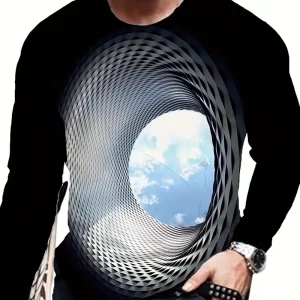 3D Geometric Print Men's Trendy Graphic Long Sleeve Fit T-shirt