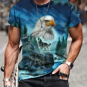 Men's Novelty Wolf & Bird 3d Print Round Neck T-Shirt