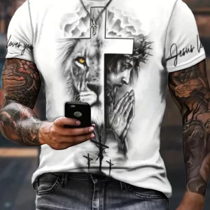 Stylish Cross & Lion Pattern Print Men's Comfy Chic T-shirt